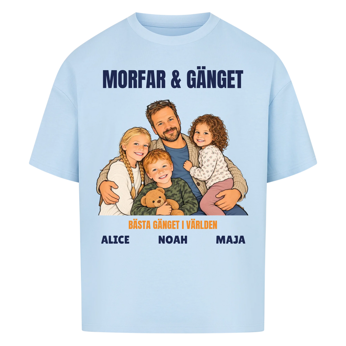Morfar och gänget t-shirt med ditt foto som tecknad familj och barnbarnens namn. Personlig present till morfar eller farfar