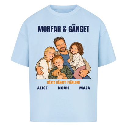 Morfar och gänget t-shirt med ditt foto som tecknad familj och barnbarnens namn. Personlig present till morfar eller farfar