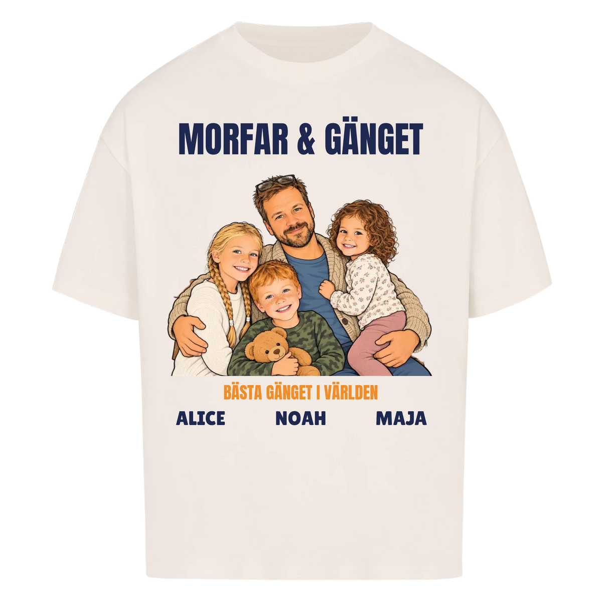 Morfar och gänget t-shirt med ditt foto som tecknad familj och barnbarnens namn. Personlig present till morfar eller farfar