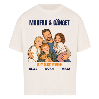Morfar och gänget t-shirt med ditt foto som tecknad familj och barnbarnens namn. Personlig present till morfar eller farfar