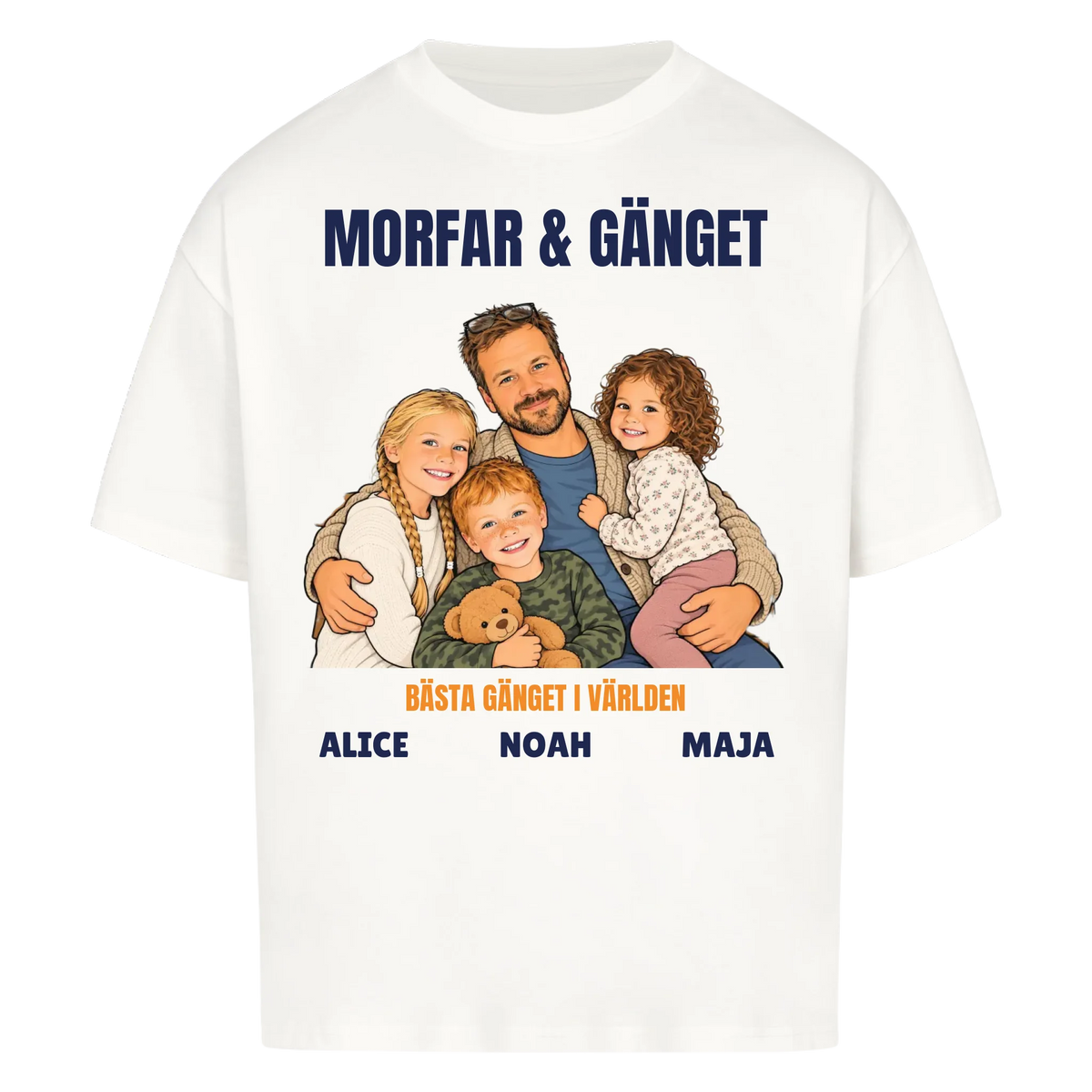 Morfar och gänget t-shirt med ditt foto som tecknad familj och barnbarnens namn. Personlig present till morfar eller farfar