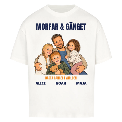 Morfar och gänget t-shirt med ditt foto som tecknad familj och barnbarnens namn. Personlig present till morfar eller farfar