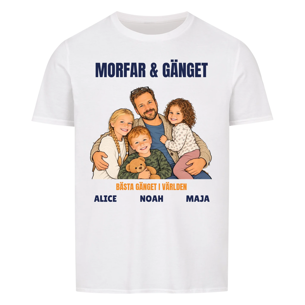 Morfar och gänget t-shirt med ditt foto som tecknad familj och barnbarnens namn. Personlig present till morfar eller farfar