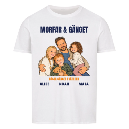 Morfar och gänget t-shirt med ditt foto som tecknad familj och barnbarnens namn. Personlig present till morfar eller farfar
