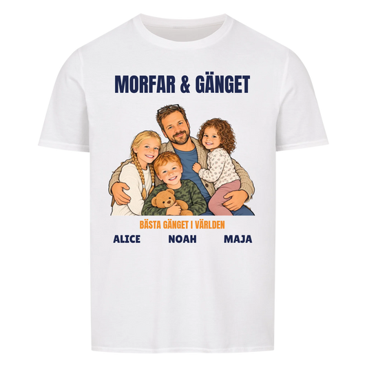 Morfar och gänget t-shirt med ditt foto som tecknad familj och barnbarnens namn. Personlig present till morfar eller farfar