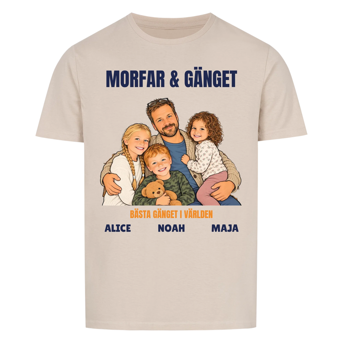 Morfar och gänget t-shirt med ditt foto som tecknad familj och barnbarnens namn. Personlig present till morfar eller farfar