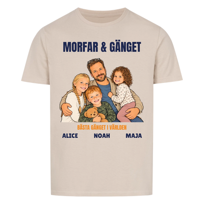Morfar och gänget t-shirt med ditt foto som tecknad familj och barnbarnens namn. Personlig present till morfar eller farfar