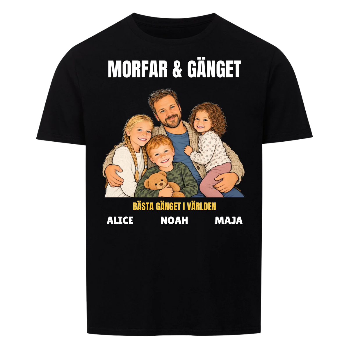 Morfar och gänget t-shirt med ditt foto som tecknad familj och barnbarnens namn. Personlig present till morfar eller farfar