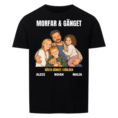 Morfar och gänget t-shirt med ditt foto som tecknad familj och barnbarnens namn. Personlig present till morfar eller farfar