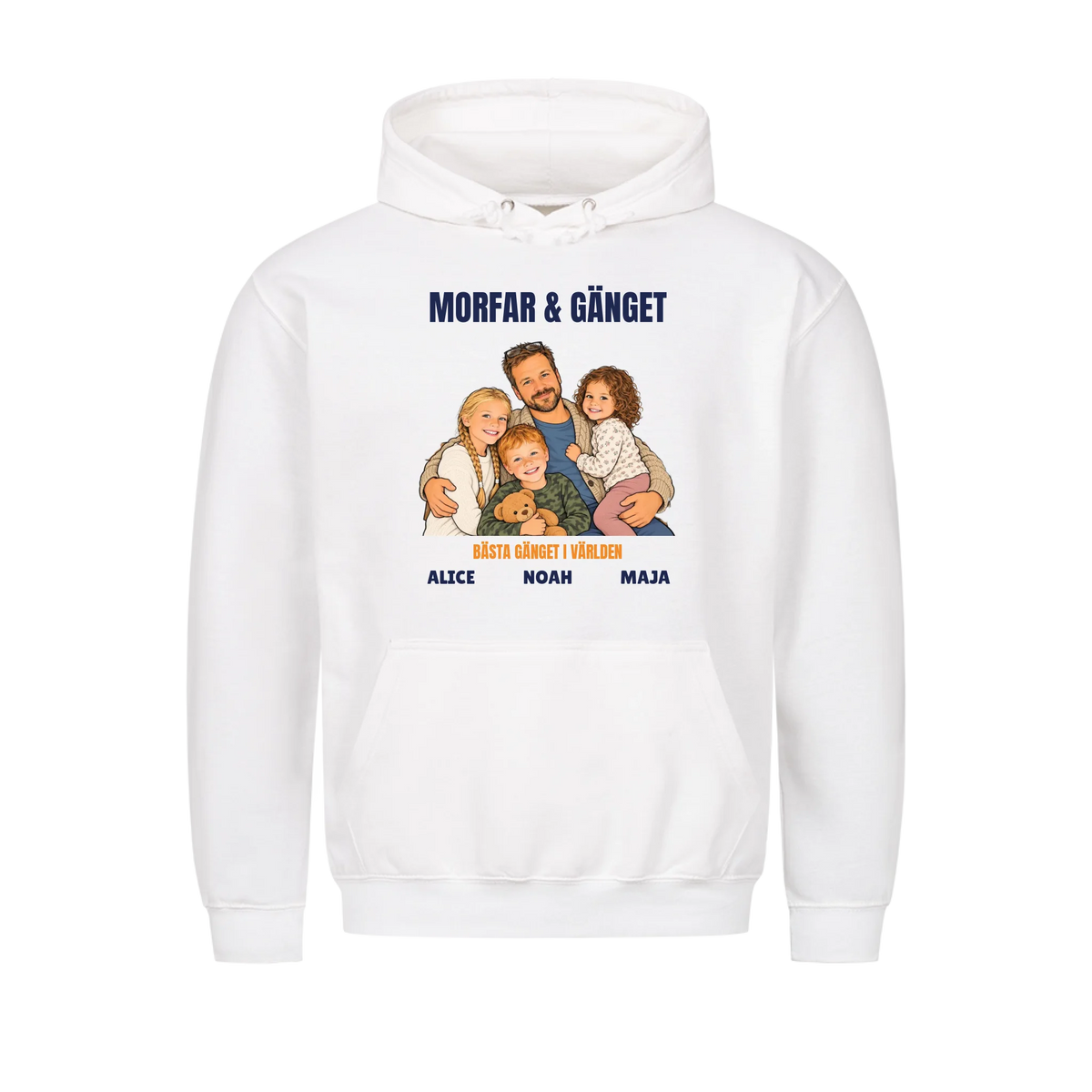 Morfar och gänget t-shirt med ditt foto som tecknad familj och barnbarnens namn. Personlig present till morfar eller farfar