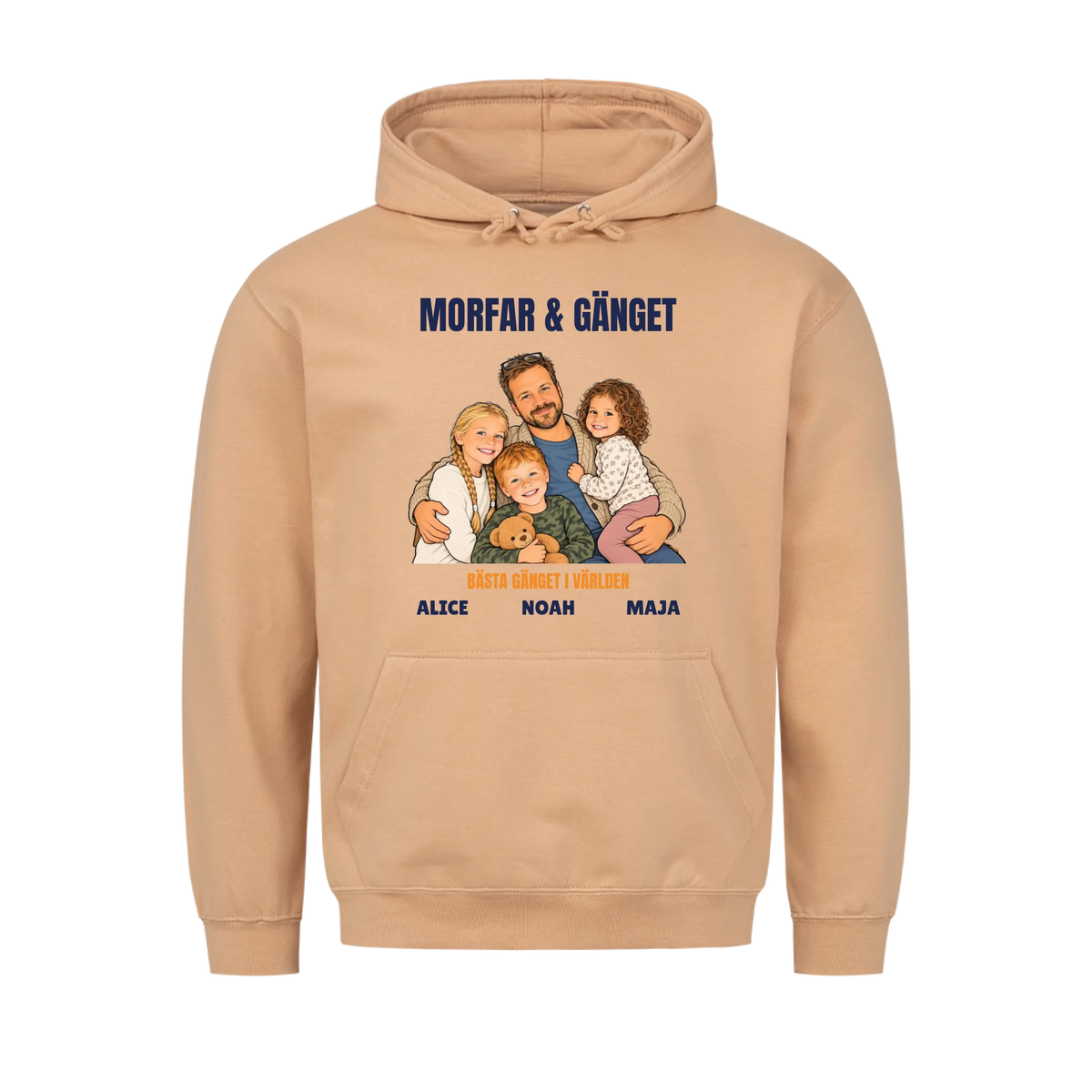 Morfar och gänget t-shirt med ditt foto som tecknad familj och barnbarnens namn. Personlig present till morfar eller farfar