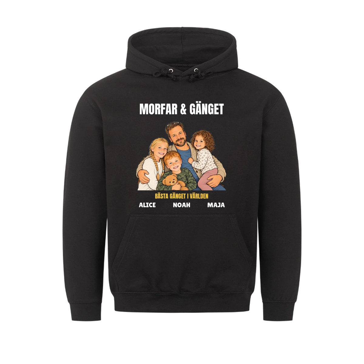 Morfar och gänget t-shirt med ditt foto som tecknad familj och barnbarnens namn. Personlig present till morfar eller farfar