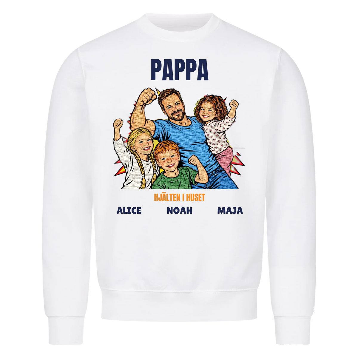 Pappa hjälten i huset t-shirt med ditt foto i pop art serietidningsstil och barnens namn. Personlig present till pappa