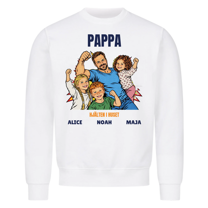Pappa hjälten i huset t-shirt med ditt foto i pop art serietidningsstil och barnens namn. Personlig present till pappa