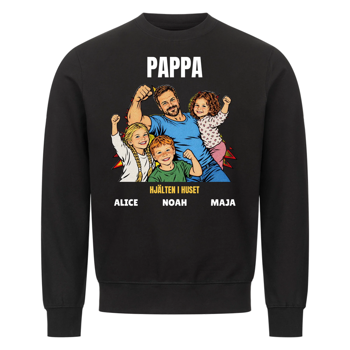 Pappa hjälten i huset t-shirt med ditt foto i pop art serietidningsstil och barnens namn. Personlig present till pappa
