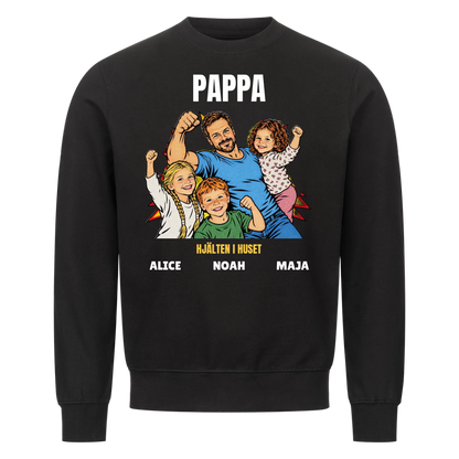 Pappa hjälten i huset t-shirt med ditt foto i pop art serietidningsstil och barnens namn. Personlig present till pappa