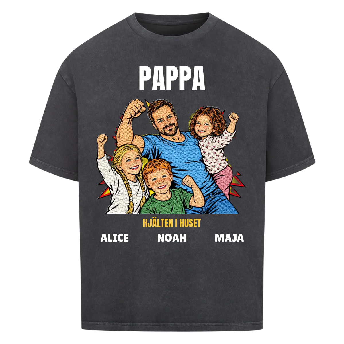 Pappa hjälten i huset t-shirt med ditt foto i pop art serietidningsstil och barnens namn. Personlig present till pappa