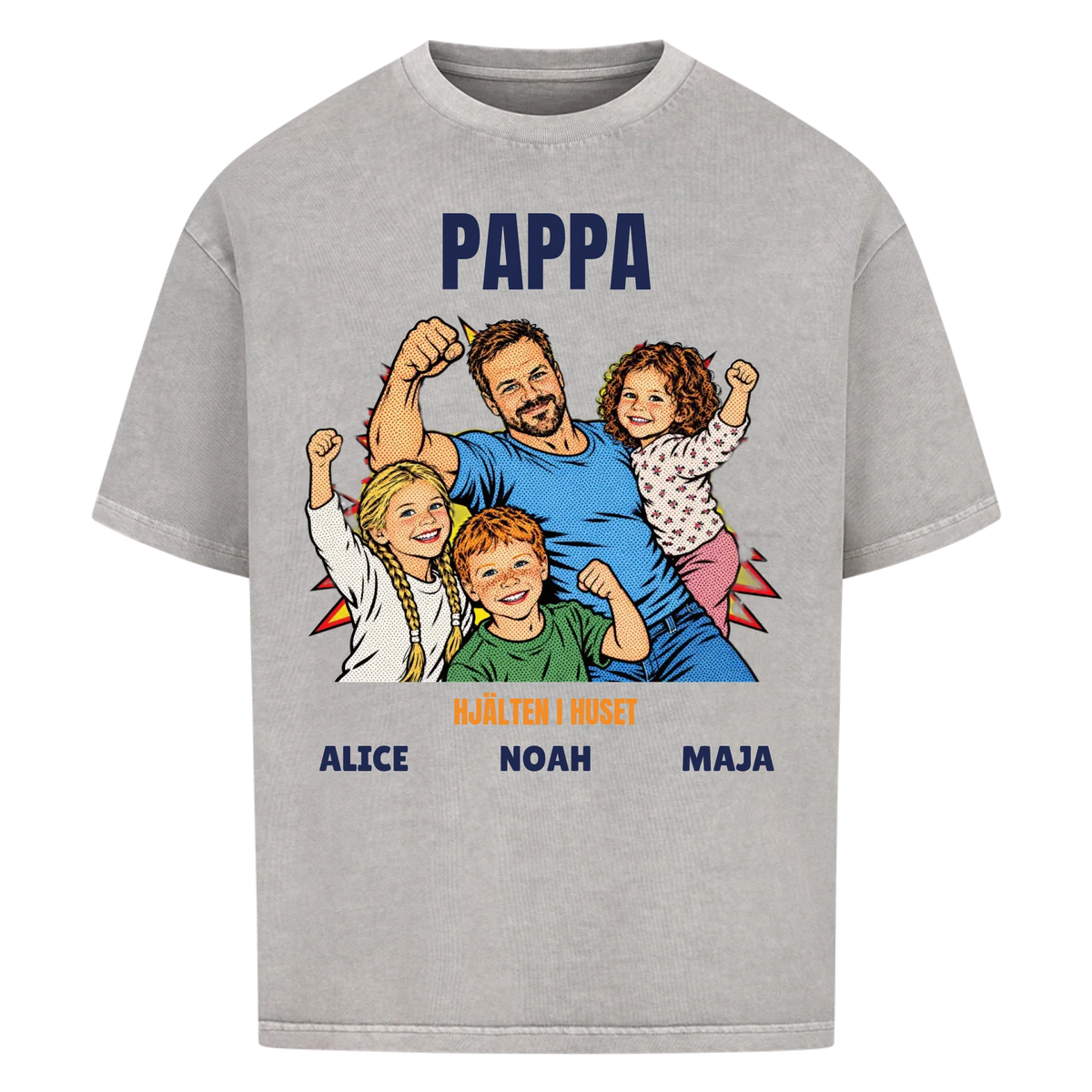 Pappa hjälten i huset t-shirt med ditt foto i pop art serietidningsstil och barnens namn. Personlig present till pappa