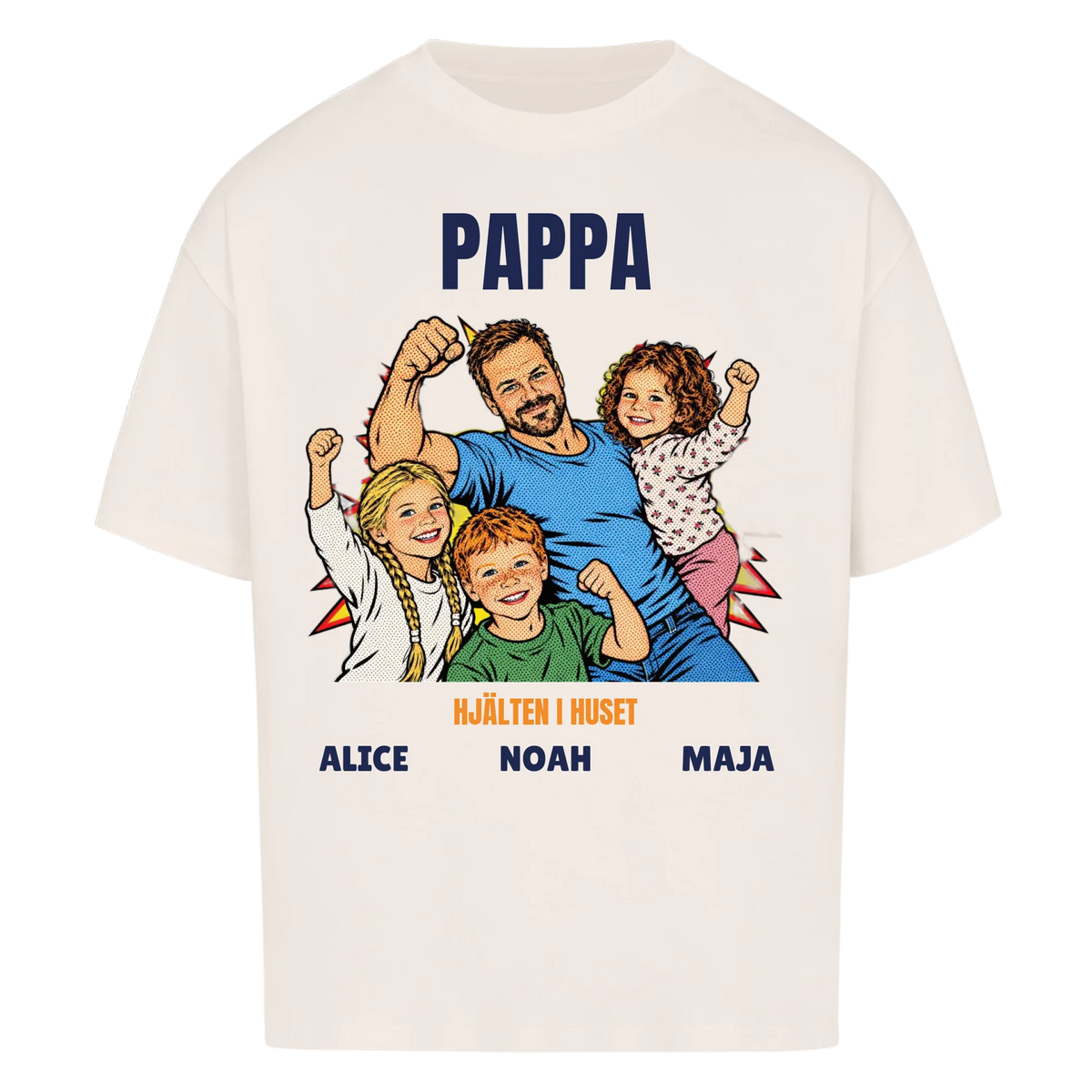 Pappa hjälten i huset t-shirt med ditt foto i pop art serietidningsstil och barnens namn. Personlig present till pappa