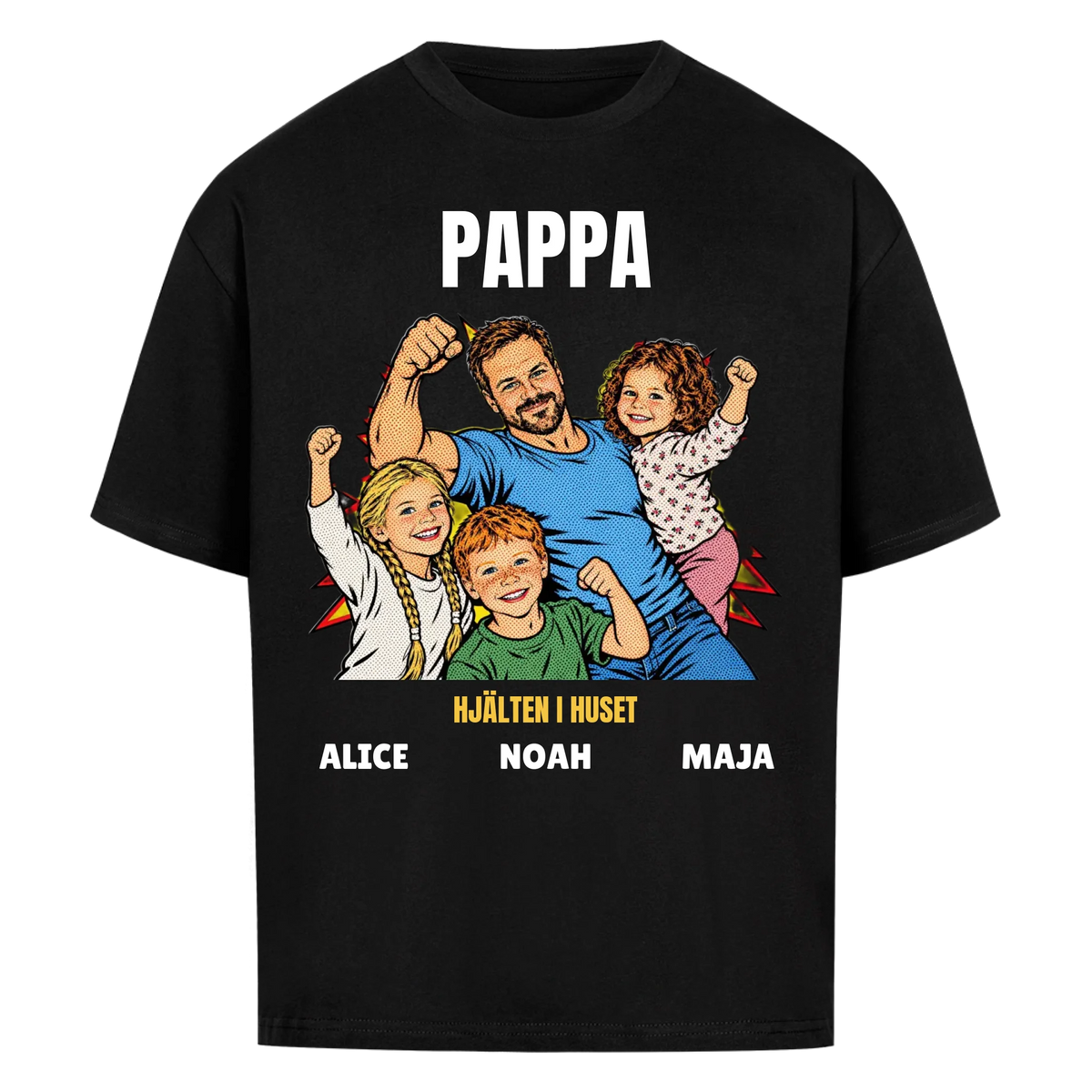 Pappa hjälten i huset t-shirt med ditt foto i pop art serietidningsstil och barnens namn. Personlig present till pappa