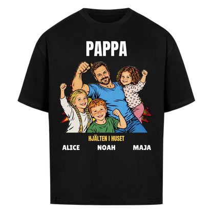 Pappa hjälten i huset t-shirt med ditt foto i pop art serietidningsstil och barnens namn. Personlig present till pappa