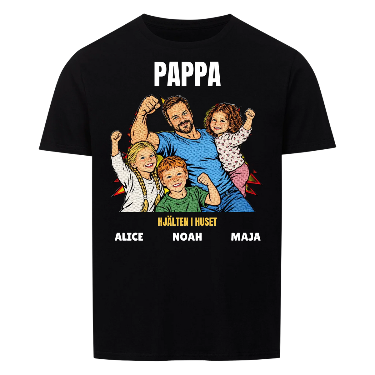 Pappa hjälten i huset t-shirt med ditt foto i pop art serietidningsstil och barnens namn. Personlig present till pappa