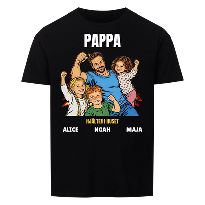 Pappa hjälten i huset t-shirt med ditt foto i pop art serietidningsstil och barnens namn. Personlig present till pappa