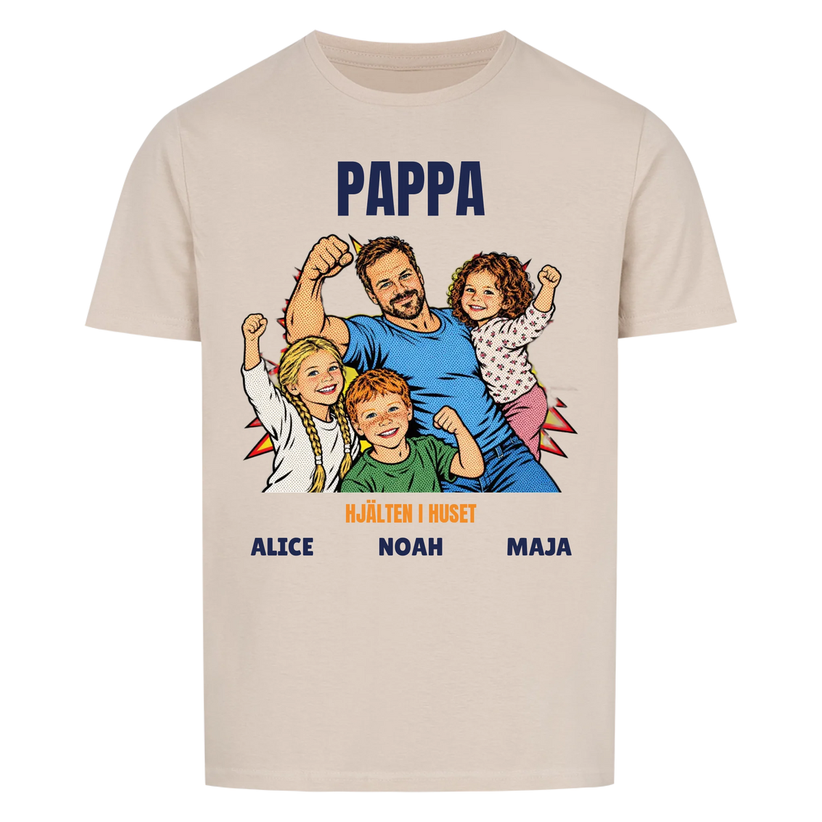 Pappa hjälten i huset t-shirt med ditt foto i pop art serietidningsstil och barnens namn. Personlig present till pappa