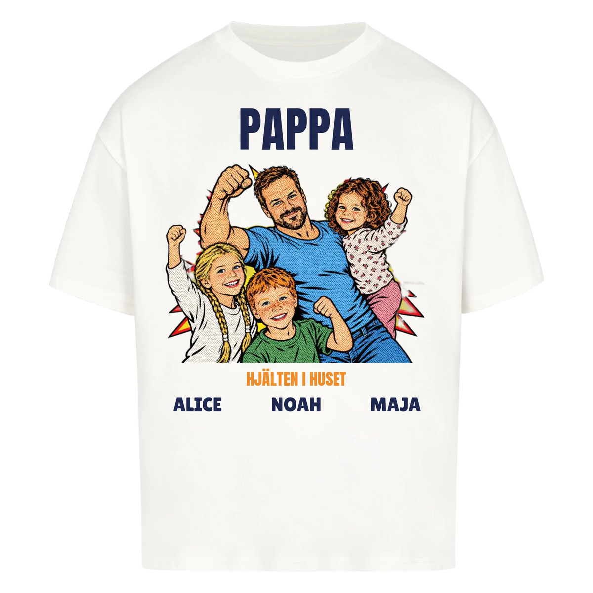 Pappa hjälten i huset t-shirt med ditt foto i pop art serietidningsstil och barnens namn. Personlig present till pappa