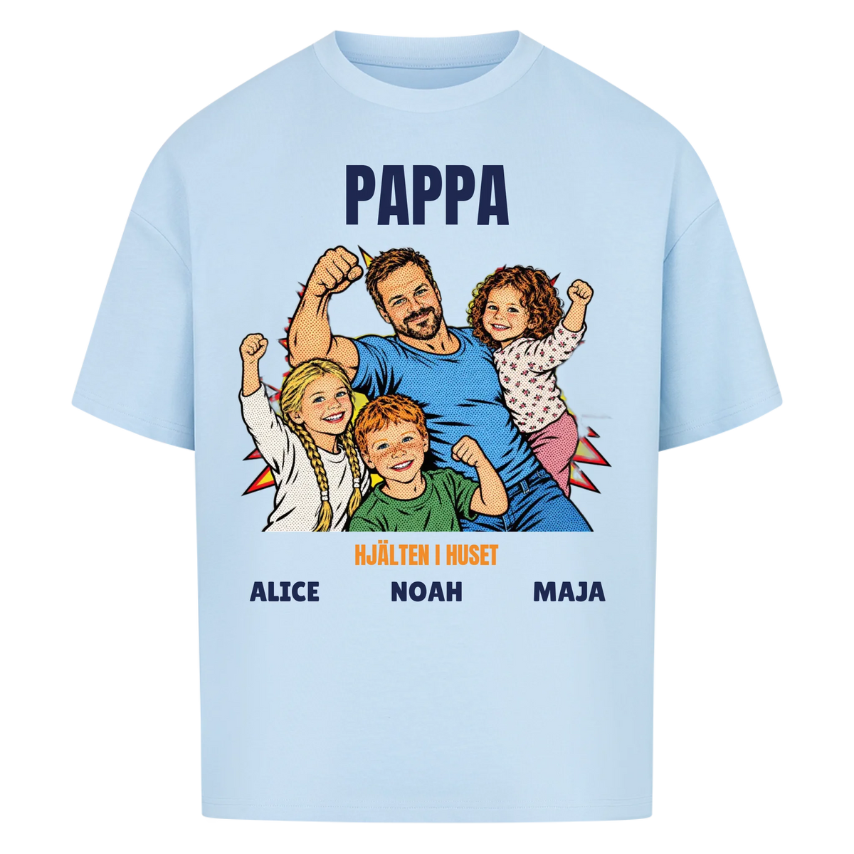 Pappa hjälten i huset t-shirt med ditt foto i pop art serietidningsstil och barnens namn. Personlig present till pappa