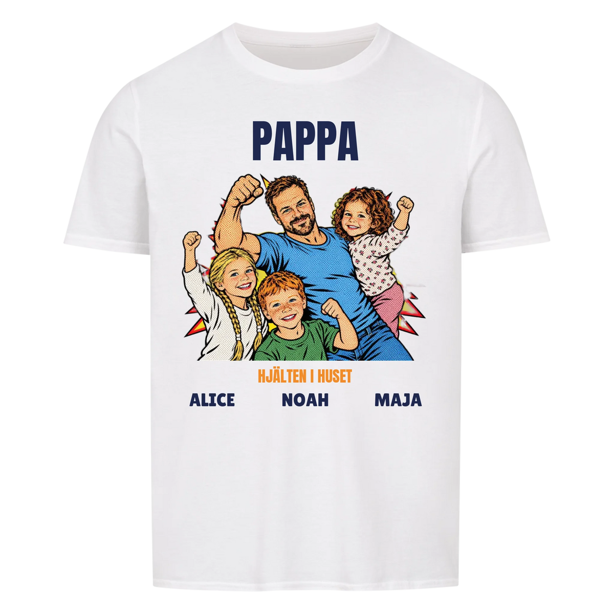 Pappa hjälten i huset t-shirt med ditt foto i pop art serietidningsstil och barnens namn. Personlig present till pappa
