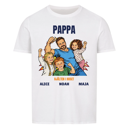 Pappa hjälten i huset t-shirt med ditt foto i pop art serietidningsstil och barnens namn. Personlig present till pappa
