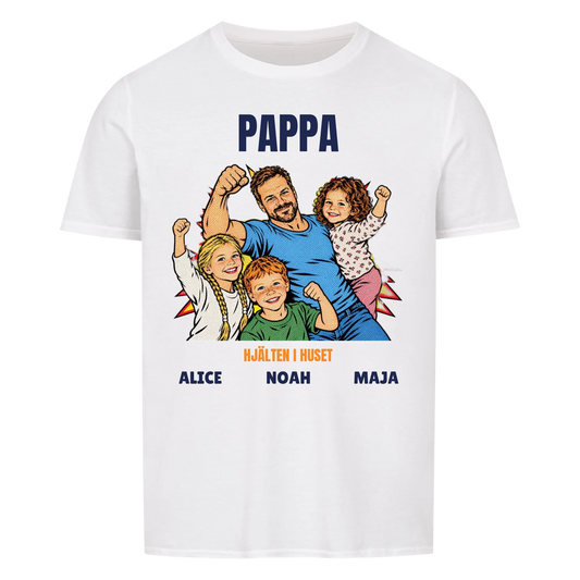 Pappa hjälten i huset t-shirt med ditt foto i pop art serietidningsstil och barnens namn. Personlig present till pappa