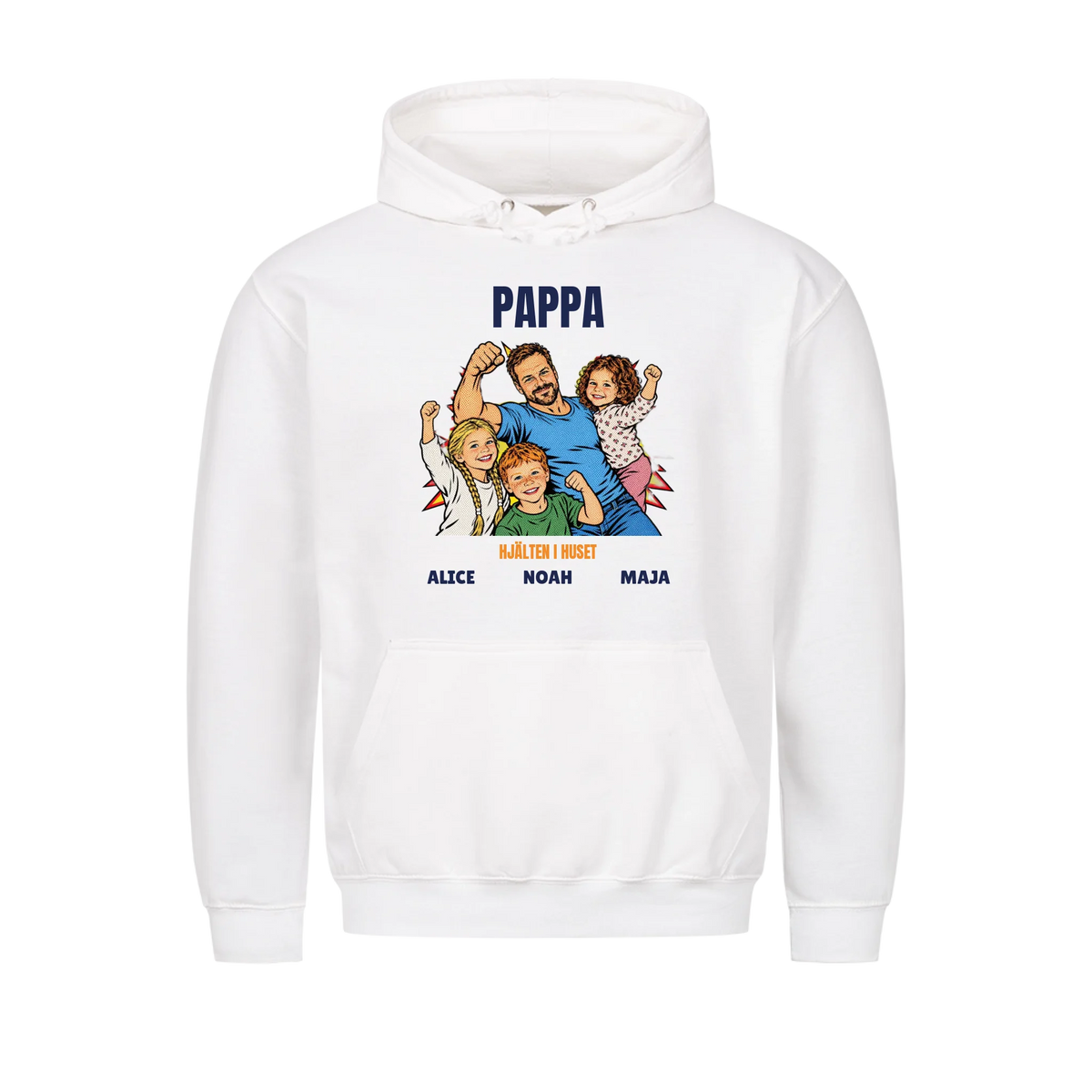 Pappa hjälten i huset t-shirt med ditt foto i pop art serietidningsstil och barnens namn. Personlig present till pappa