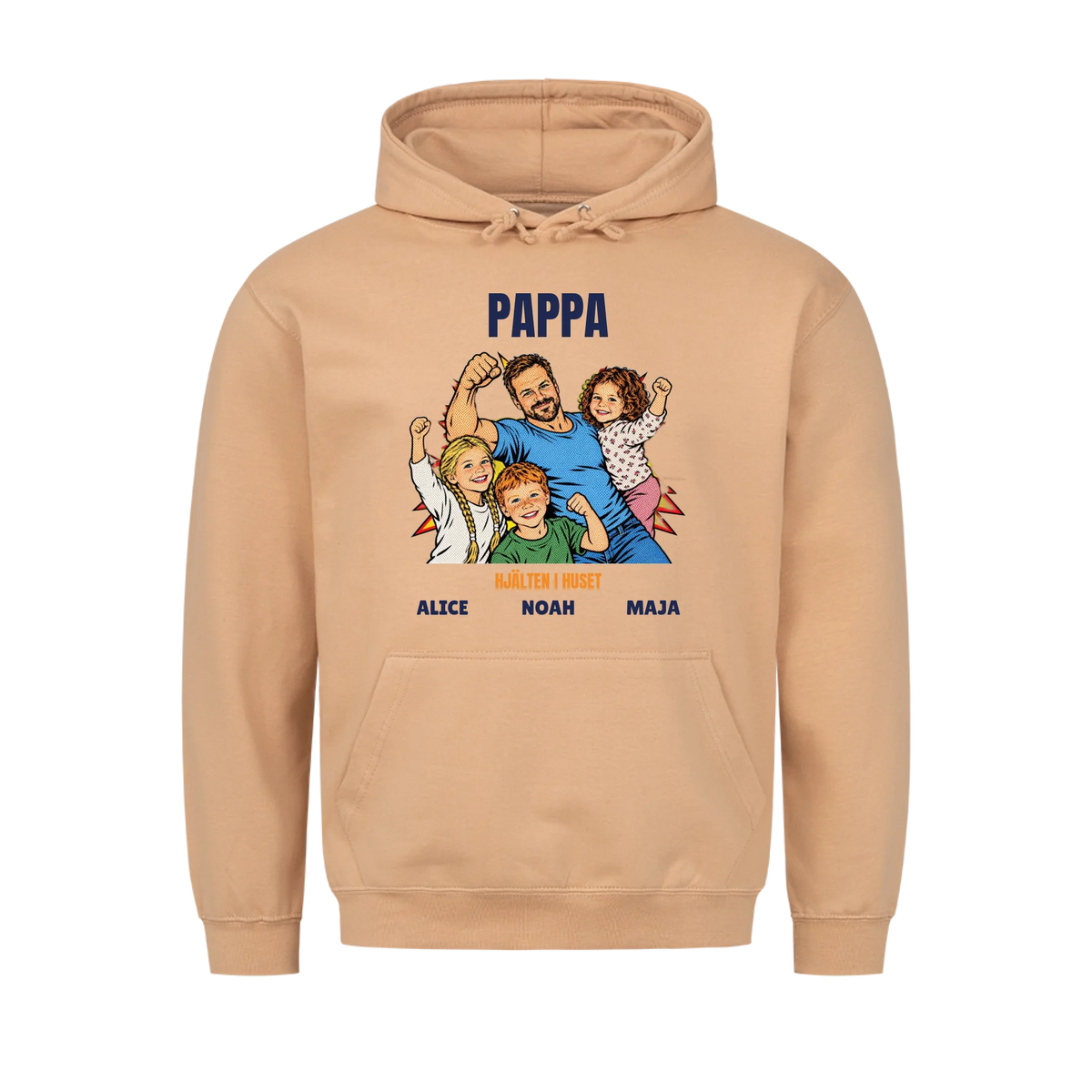 Pappa hjälten i huset t-shirt med ditt foto i pop art serietidningsstil och barnens namn. Personlig present till pappa