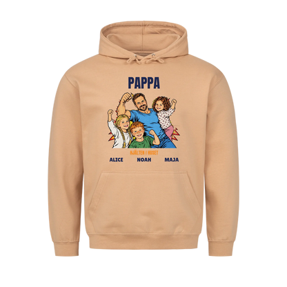 Pappa hjälten i huset t-shirt med ditt foto i pop art serietidningsstil och barnens namn. Personlig present till pappa