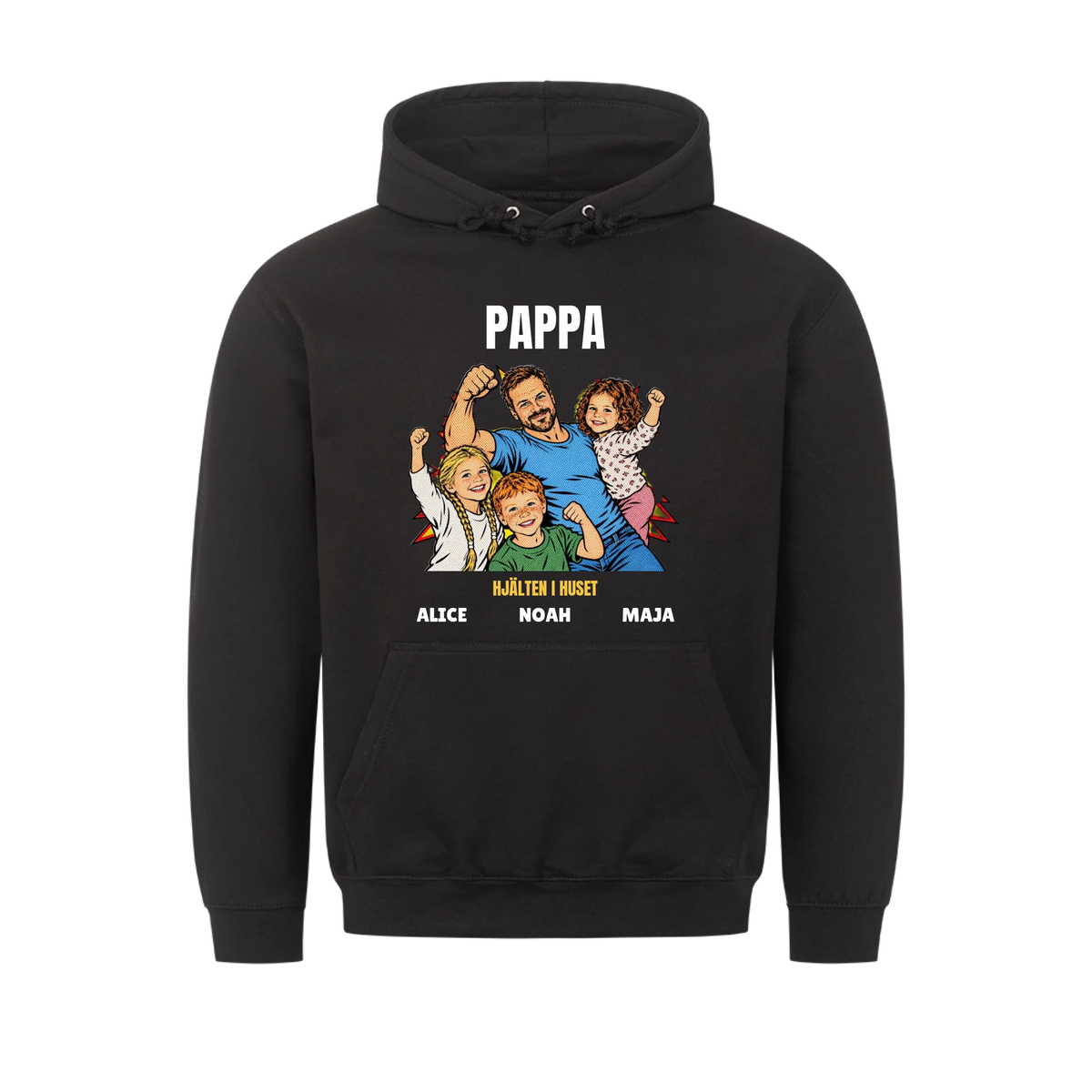 Pappa hjälten i huset t-shirt med ditt foto i pop art serietidningsstil och barnens namn. Personlig present till pappa