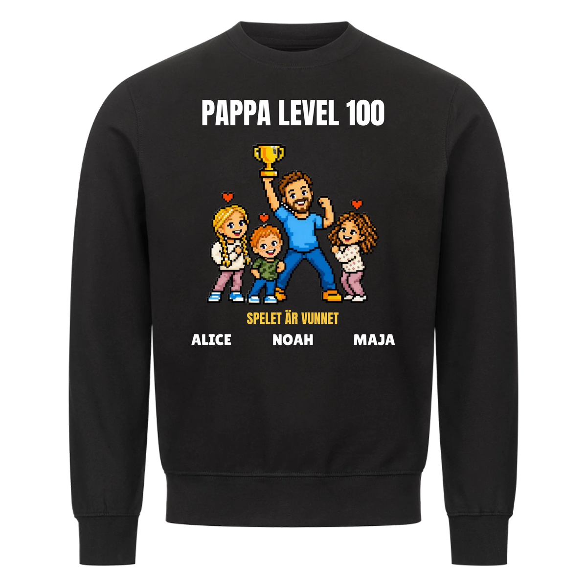 Pappa level 100 t-shirt med ditt foto i pixelstil och barnens namn. Rolig present till pappa