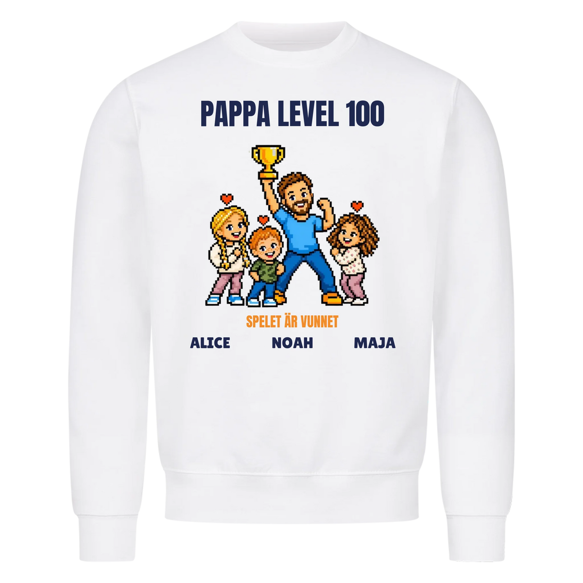 Pappa level 100 t-shirt med ditt foto i pixelstil och barnens namn. Rolig present till pappa