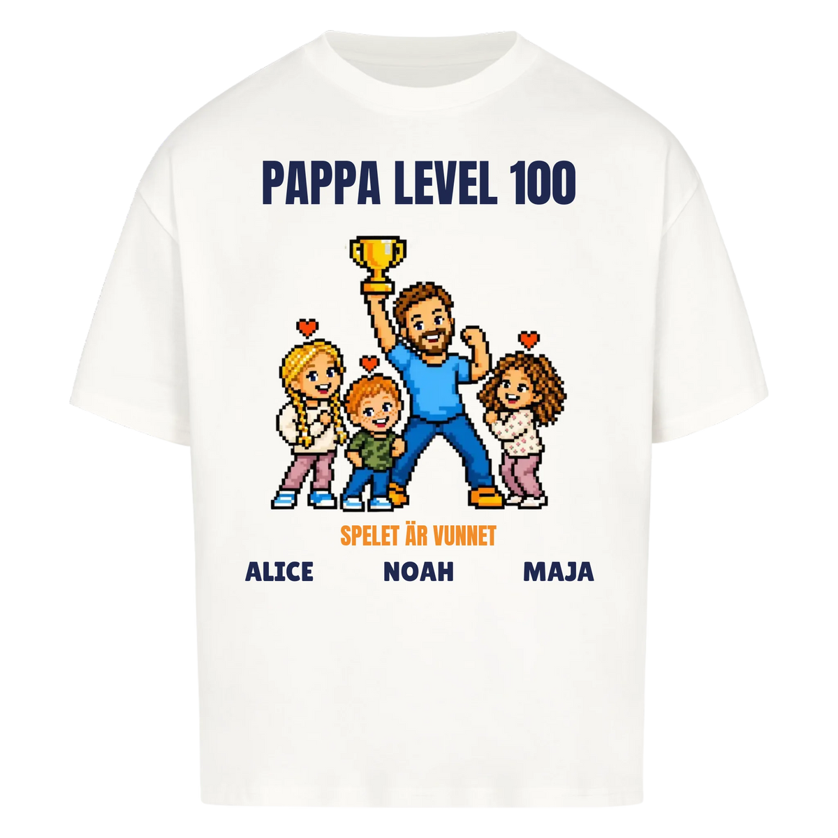 Pappa level 100 t-shirt med ditt foto i pixelstil och barnens namn. Rolig present till pappa