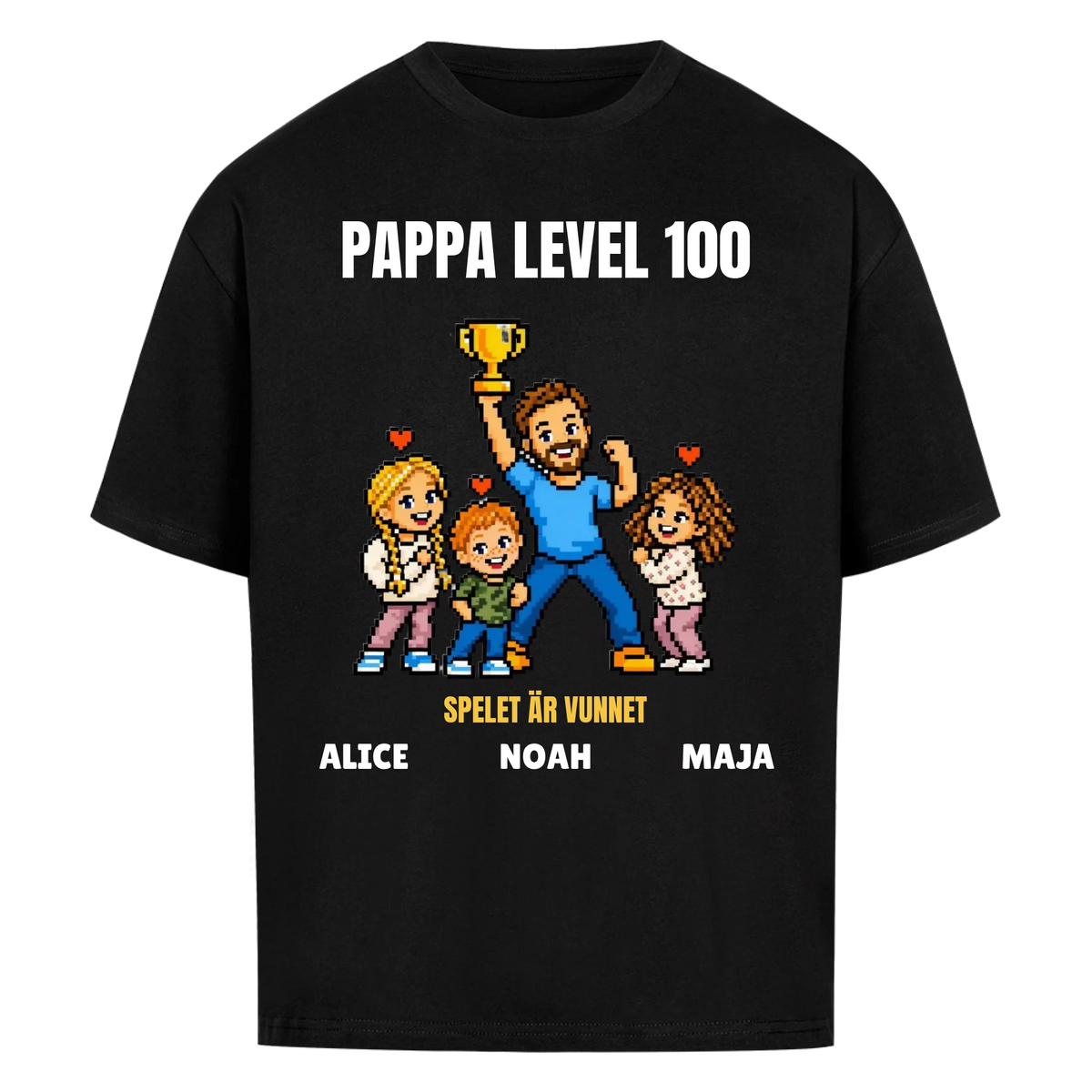 Pappa level 100 t-shirt med ditt foto i pixelstil och barnens namn. Rolig present till pappa