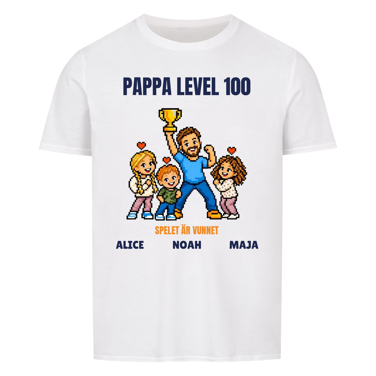 Pappa level 100 t-shirt med ditt foto i pixelstil och barnens namn. Rolig present till pappa