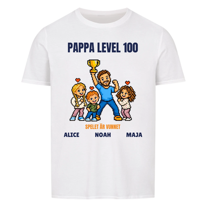 Pappa level 100 t-shirt med ditt foto i pixelstil och barnens namn. Rolig present till pappa