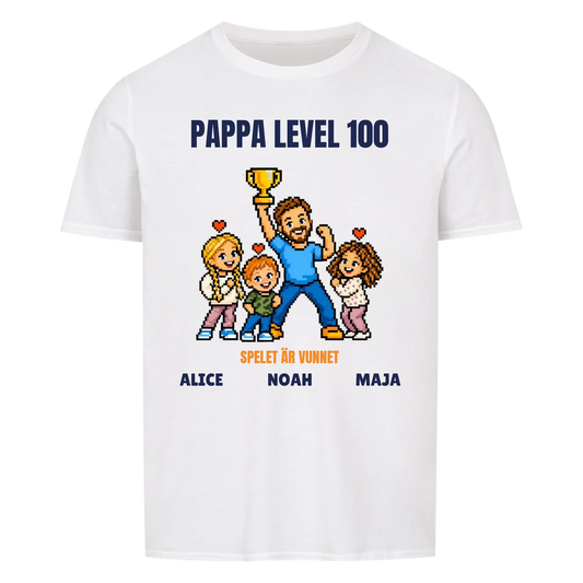 Pappa level 100 t-shirt med ditt foto i pixelstil och barnens namn. Rolig present till pappa
