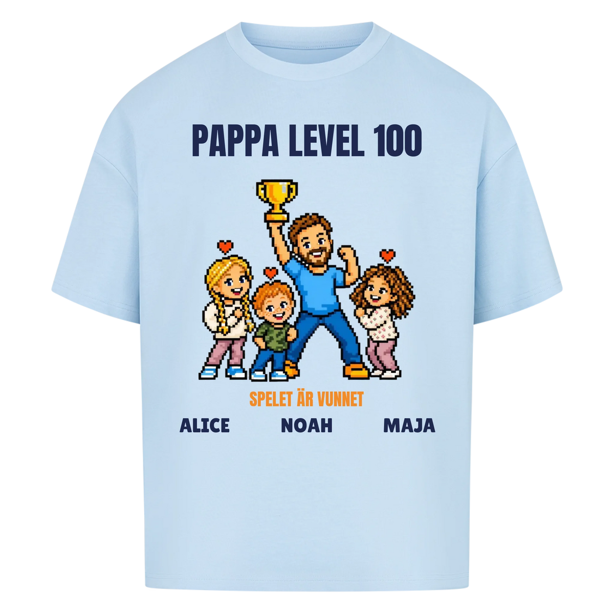 Pappa level 100 t-shirt med ditt foto i pixelstil och barnens namn. Rolig present till pappa