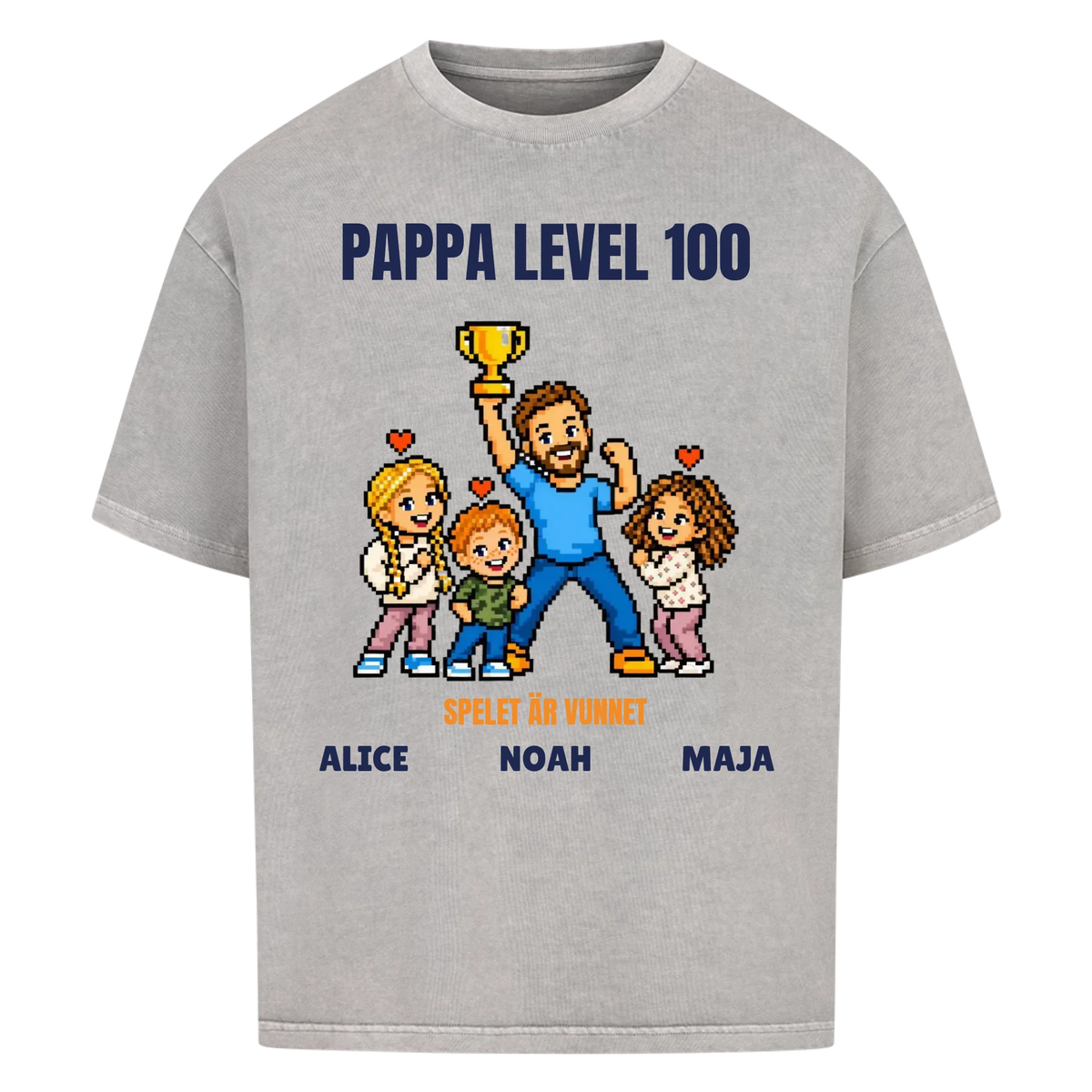 Pappa level 100 t-shirt med ditt foto i pixelstil och barnens namn. Rolig present till pappa