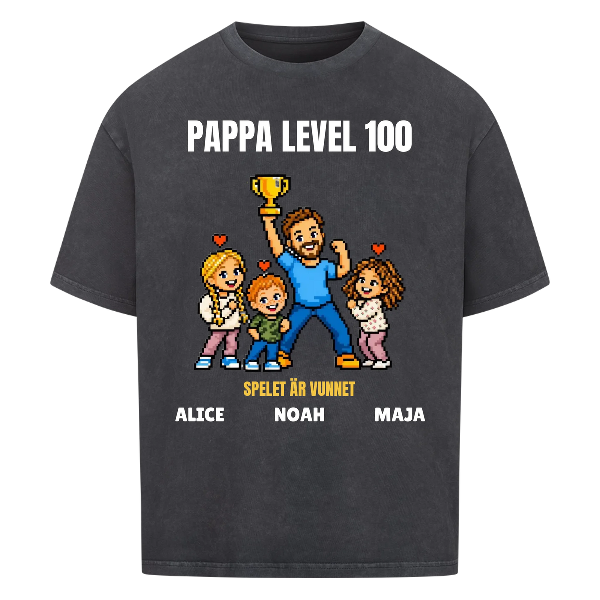 Pappa level 100 t-shirt med ditt foto i pixelstil och barnens namn. Rolig present till pappa