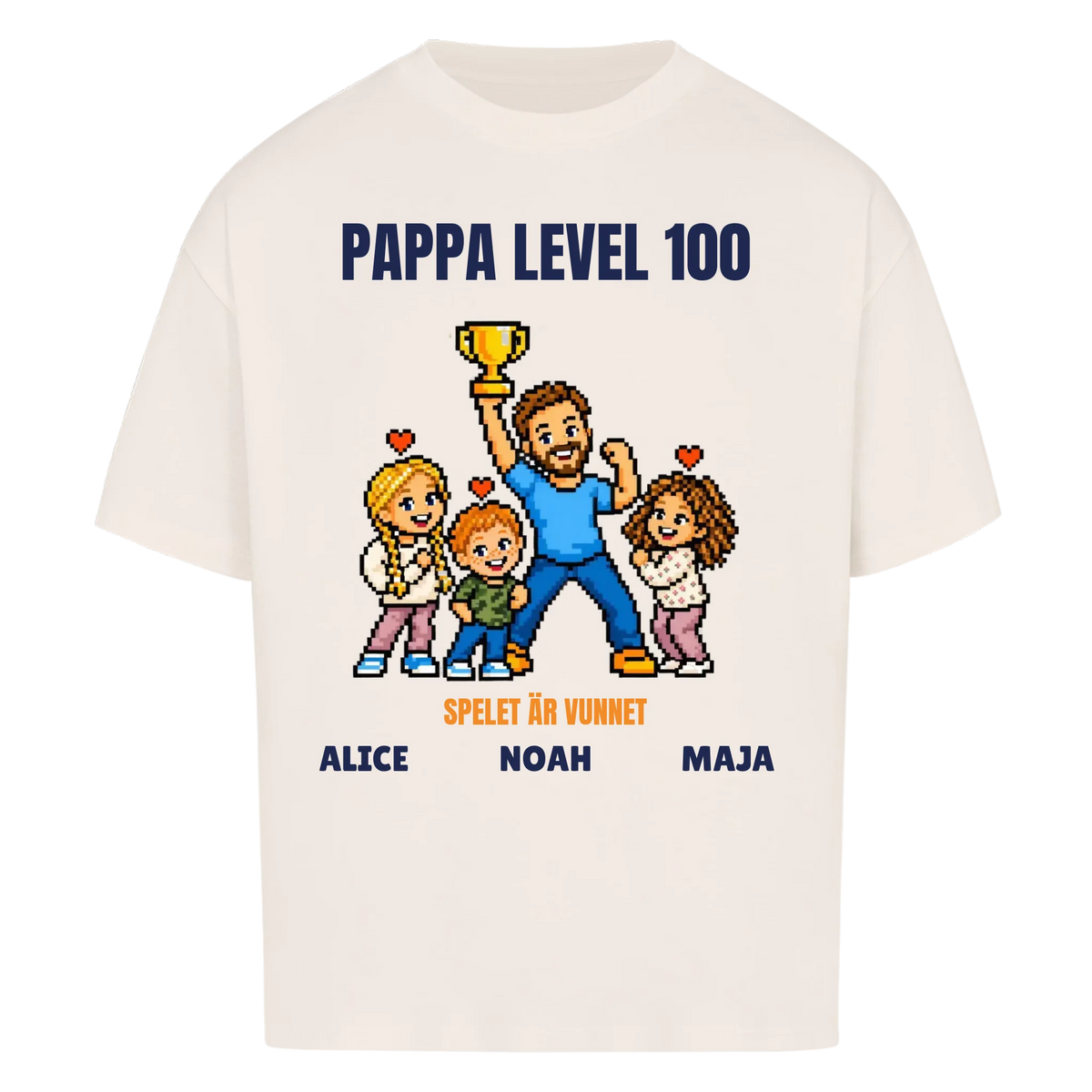Pappa level 100 t-shirt med ditt foto i pixelstil och barnens namn. Rolig present till pappa