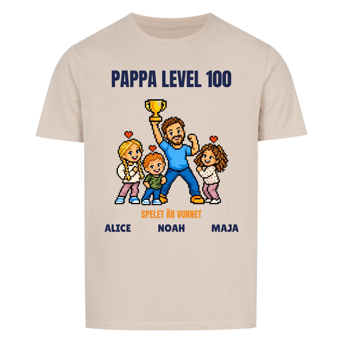 Pappa level 100 t-shirt med ditt foto i pixelstil och barnens namn. Rolig present till pappa