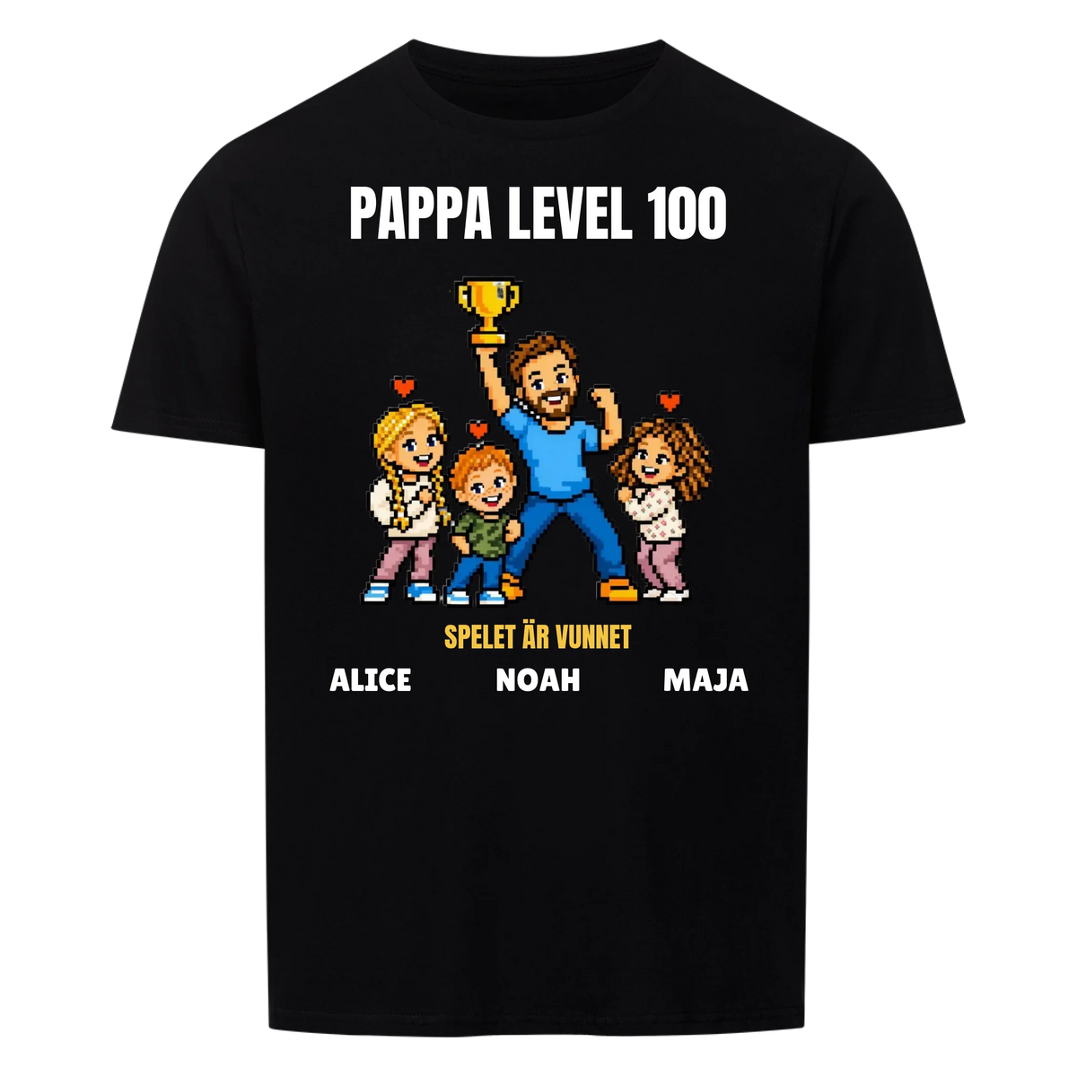 Pappa level 100 t-shirt med ditt foto i pixelstil och barnens namn. Rolig present till pappa